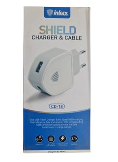 Inkax Inkax CD-18 Mobile Charger for All Mobile Phones 2.1A with 2 USB Charging Ports and Micro USB Data Cable White  - Image 1