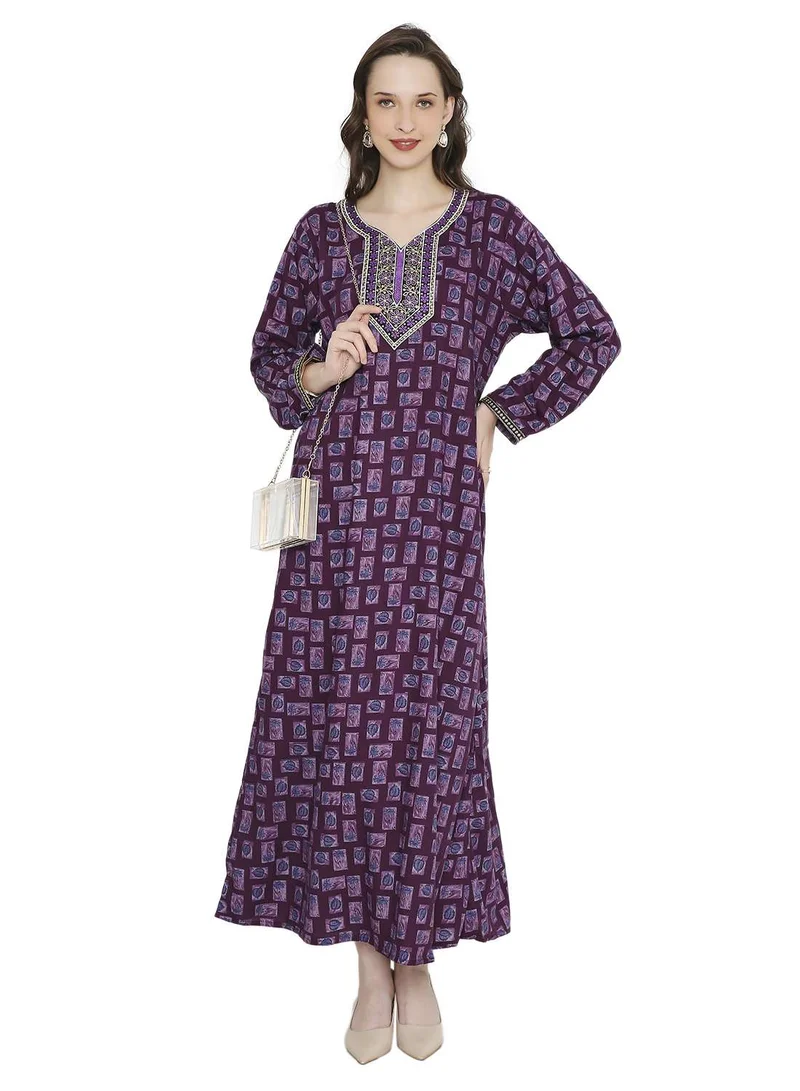 HANA & SARA CASUAL DAILY WEAR CLOTHING OUTFIT PRINTED JALABIYA WITH UNIQUE THREAD EMBROIDERY