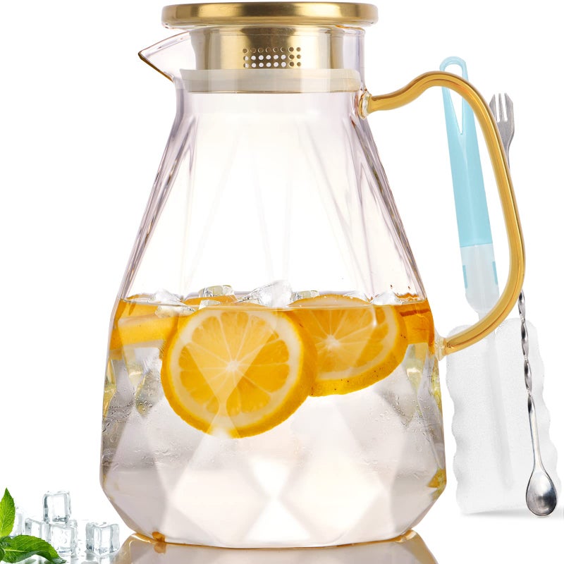 Yirilan Glass Pitcher74oz22 Liter Water Pitcher with LidBeverage ServewareIced Tea PitcherWater Carafe HandleHeat Resistant Borosilicate Jugwith Mixing Spoon and Cup Brush