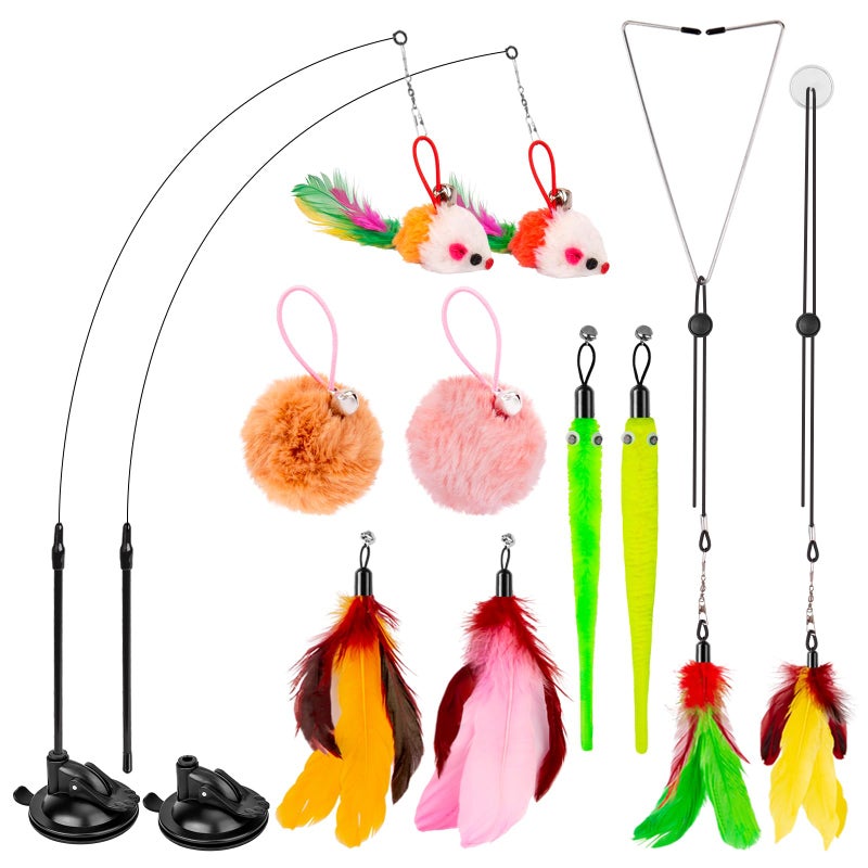 HOSFROLL Cat Toys, 2 Pack 3 in 1 Interactive Cat Toy for Indoor Cats with Sticky Super Suction Cup Detachable 10 Pcs Replacements Feathers Balls Mice 2 Wand Hanging Door Kitten Toys - Image 1