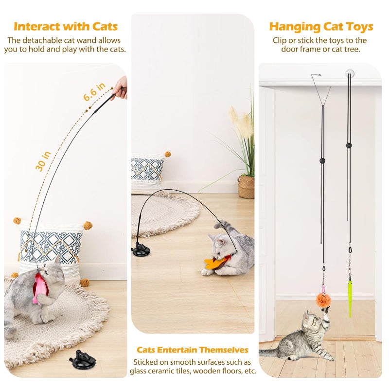 HOSFROLL Cat Toys, 2 Pack 3 in 1 Interactive Cat Toy for Indoor Cats with Sticky Super Suction Cup Detachable 10 Pcs Replacements Feathers Balls Mice 2 Wand Hanging Door Kitten Toys - Image 2