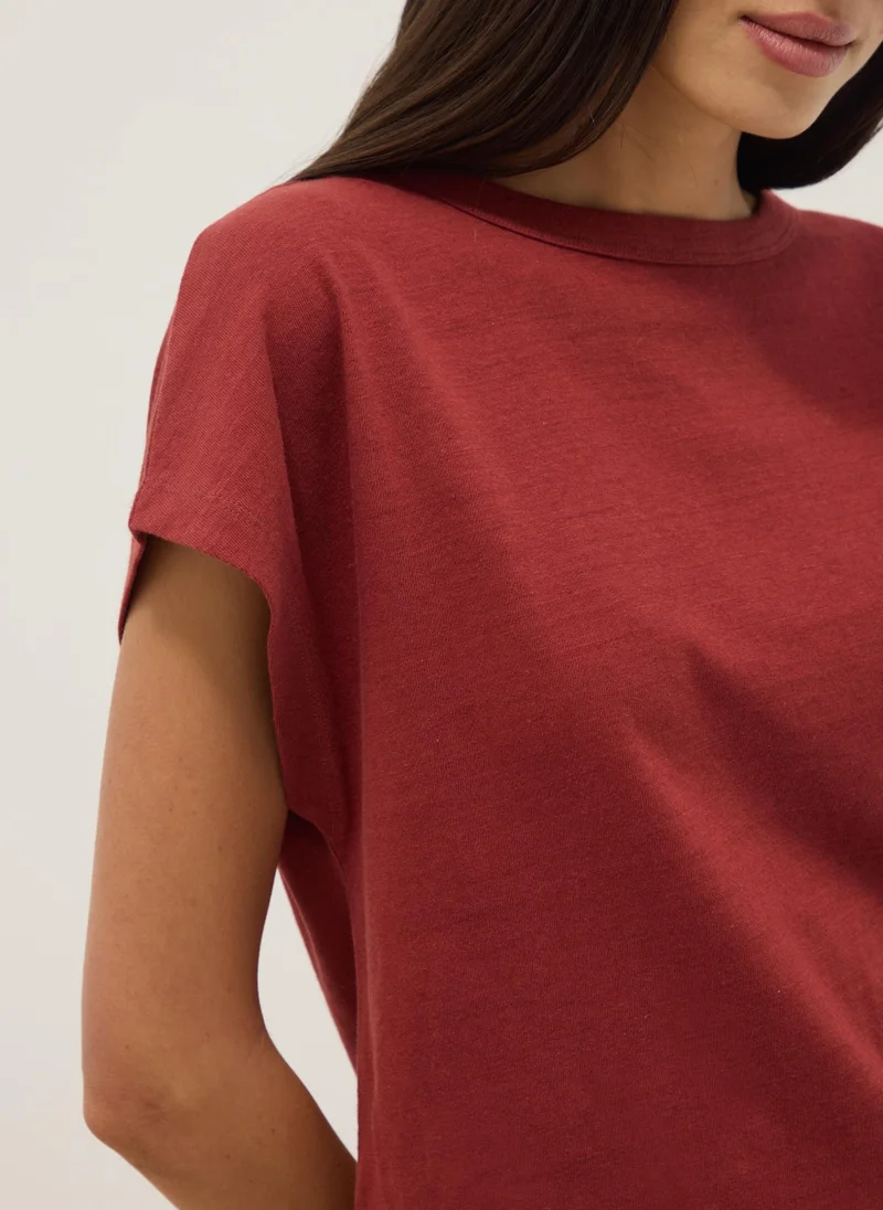 Ovs  OVS Red Cotton-Linen Blend Short-Sleeve T-Shirt, Regular Fit for Women | Best Price UAE