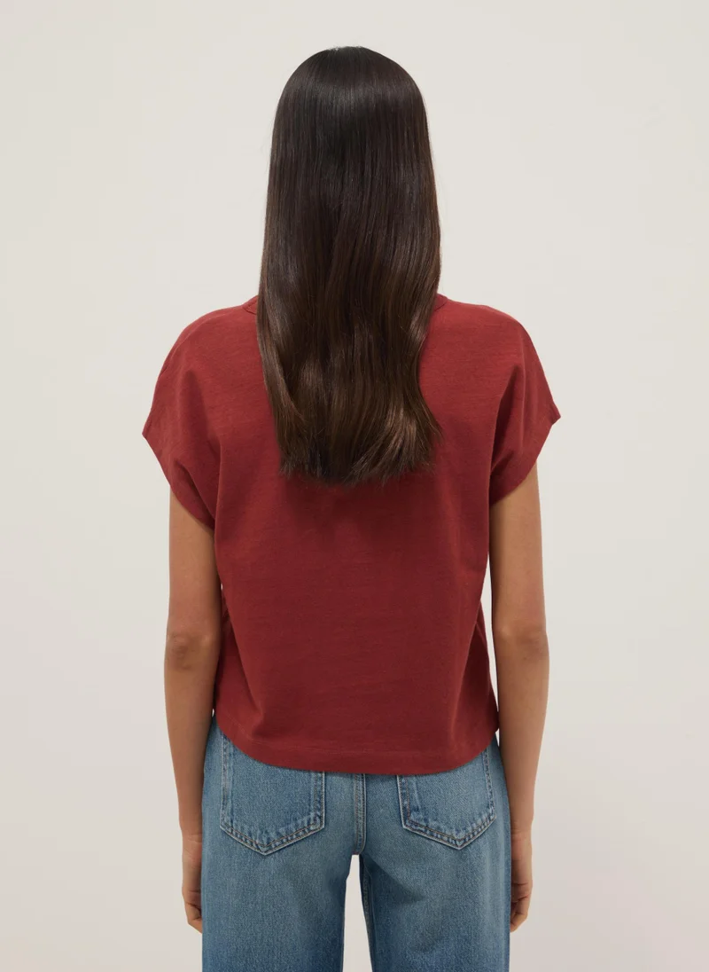 Ovs  OVS Red Cotton-Linen Blend Short-Sleeve T-Shirt, Regular Fit for Women | Best Price UAE