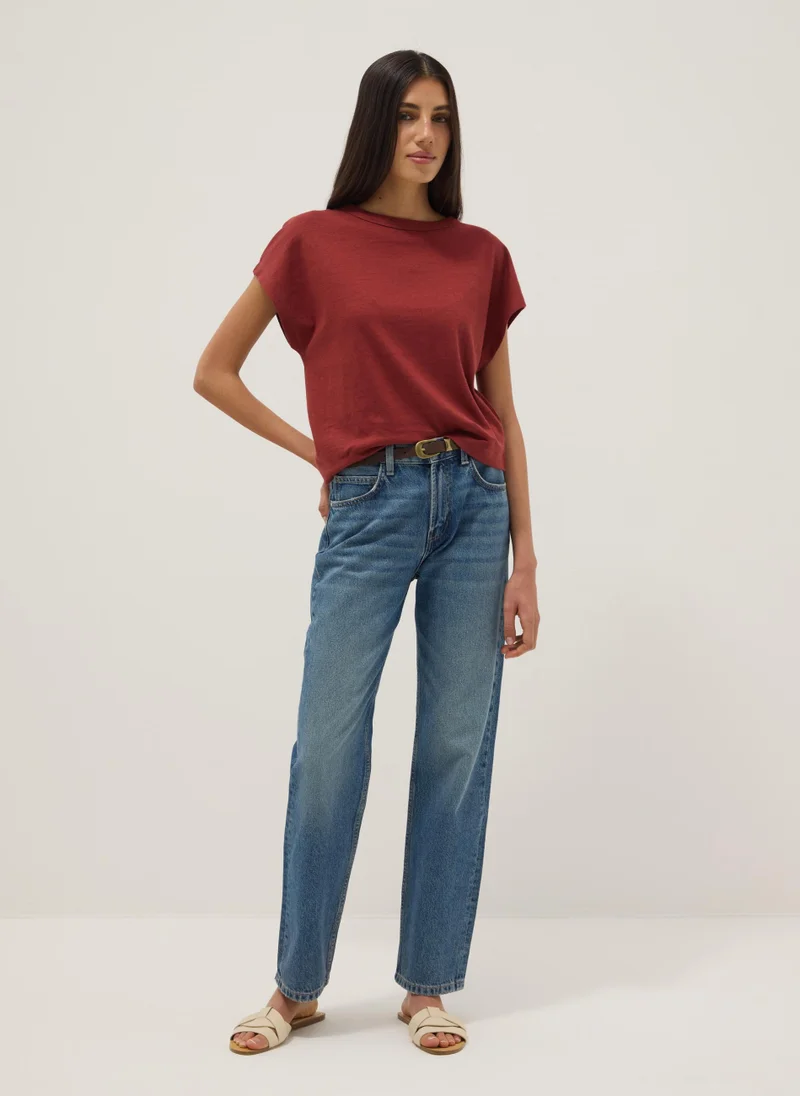 او في اس OVS Red Cotton-Linen Blend Short-Sleeve T-Shirt, Regular Fit
