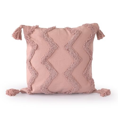 SASHAA WORLD Salmon Pink Chevron Tufted Cushion Cover with Tassels | Embrace Elegance and Comfort in Your Home D cor |Cushion Cover for Living Room/Bed/Sofa/Chair | 45X45 Cm Pack of 2 - Image 4