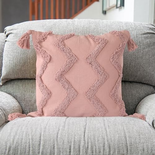 SASHAA WORLD Salmon Pink Chevron Tufted Cushion Cover with Tassels | Embrace Elegance and Comfort in Your Home D cor |Cushion Cover for Living Room/Bed/Sofa/Chair | 45X45 Cm Pack of 2 - Image 3