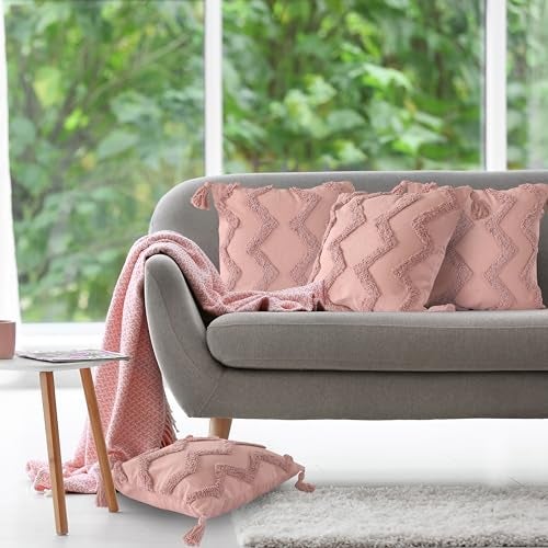 SASHAA WORLD Salmon Pink Chevron Tufted Cushion Cover with Tassels | Embrace Elegance and Comfort in Your Home D cor |Cushion Cover for Living Room/Bed/Sofa/Chair | 45X45 Cm Pack of 2 - Image 1