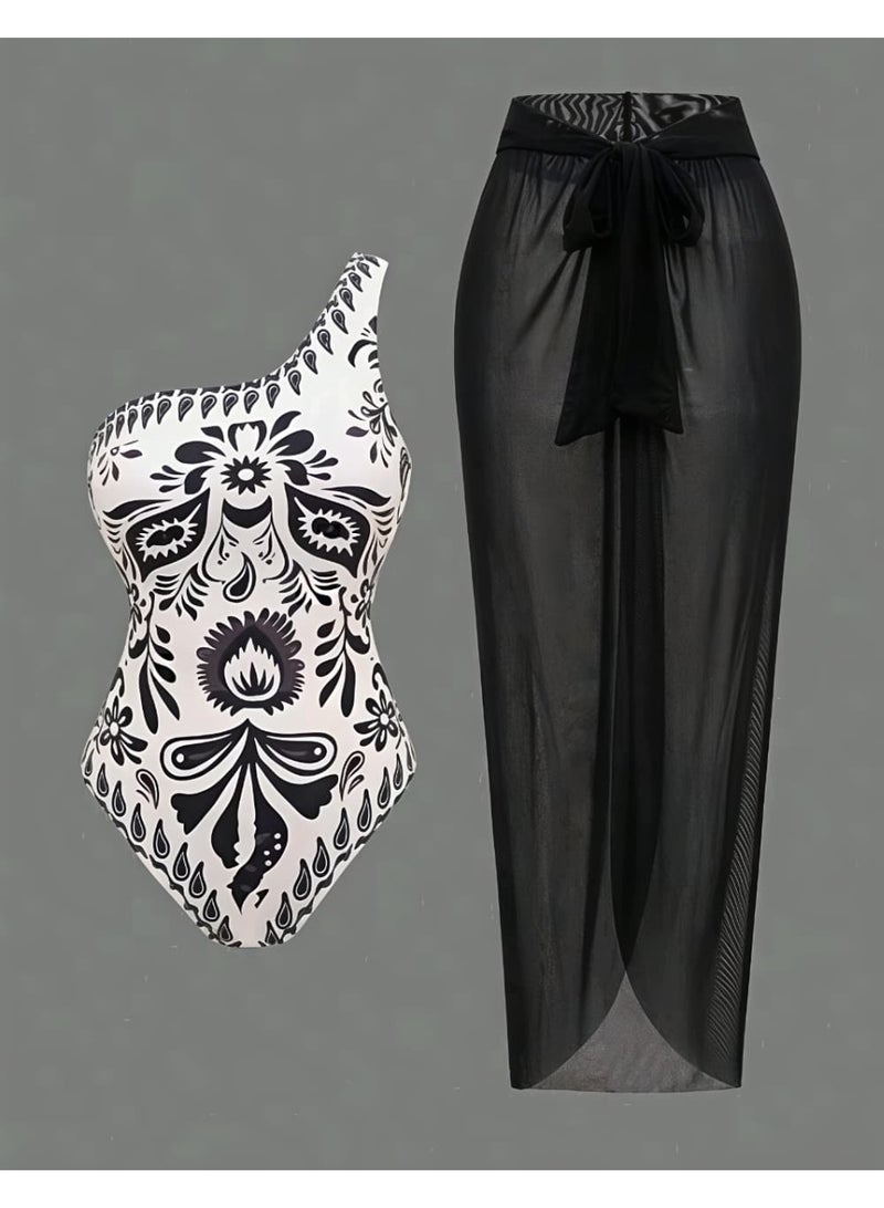 Shein Women's Retro Elegant Fashion White Black Paisley Print Halter Neck Two Pieces Set SWIMSUIT FROM SHEIN - Image 1
