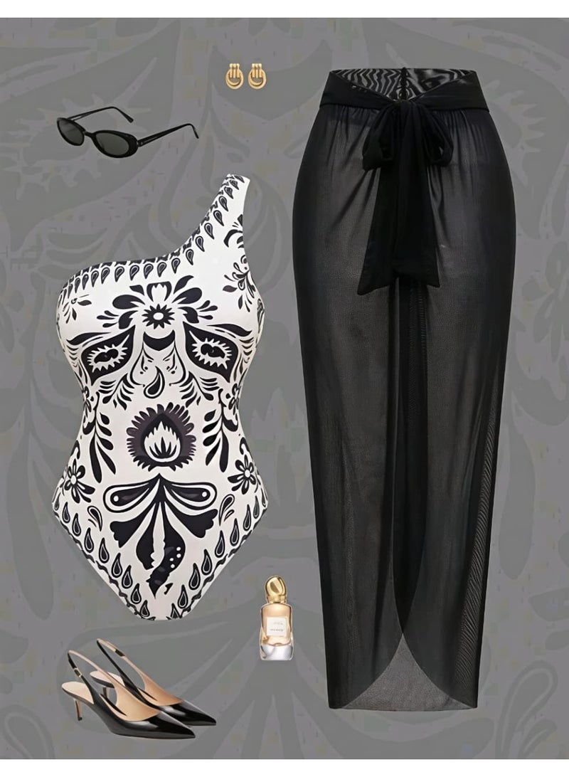 Shein Women's Retro Elegant Fashion White Black Paisley Print Halter Neck Two Pieces Set SWIMSUIT FROM SHEIN - Image 4