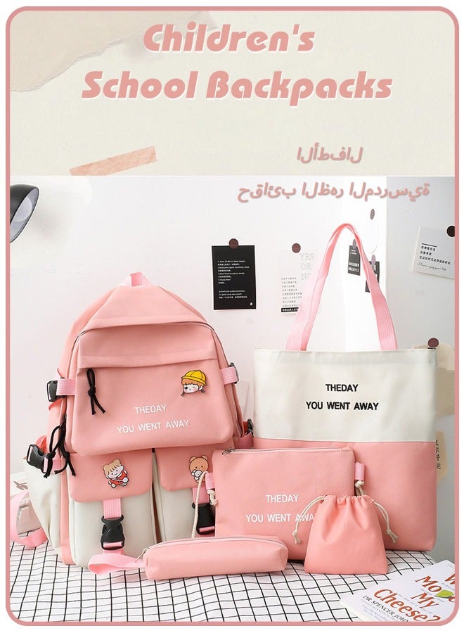 Backpack Set 5 Pcs Aesthetic School Bags Backpack Set With Pendant Lunch Bag Pencil Case Handbag Coin Purse Backpack Set College Style Suitable for Teenage  - Image 1