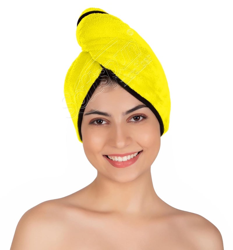 SOFTSPUN غطاء شعر ميكروفايبر سوفتسبون 1 قطعة 70X25 سم أصفر 280 جرام لكل متر مربع سوبر ماص سريع الجفاف لتجفيف جميع أنواع الشعر مستقيم أو مجعد قصير أو طويل رقيق أو كثيف. - Image 1