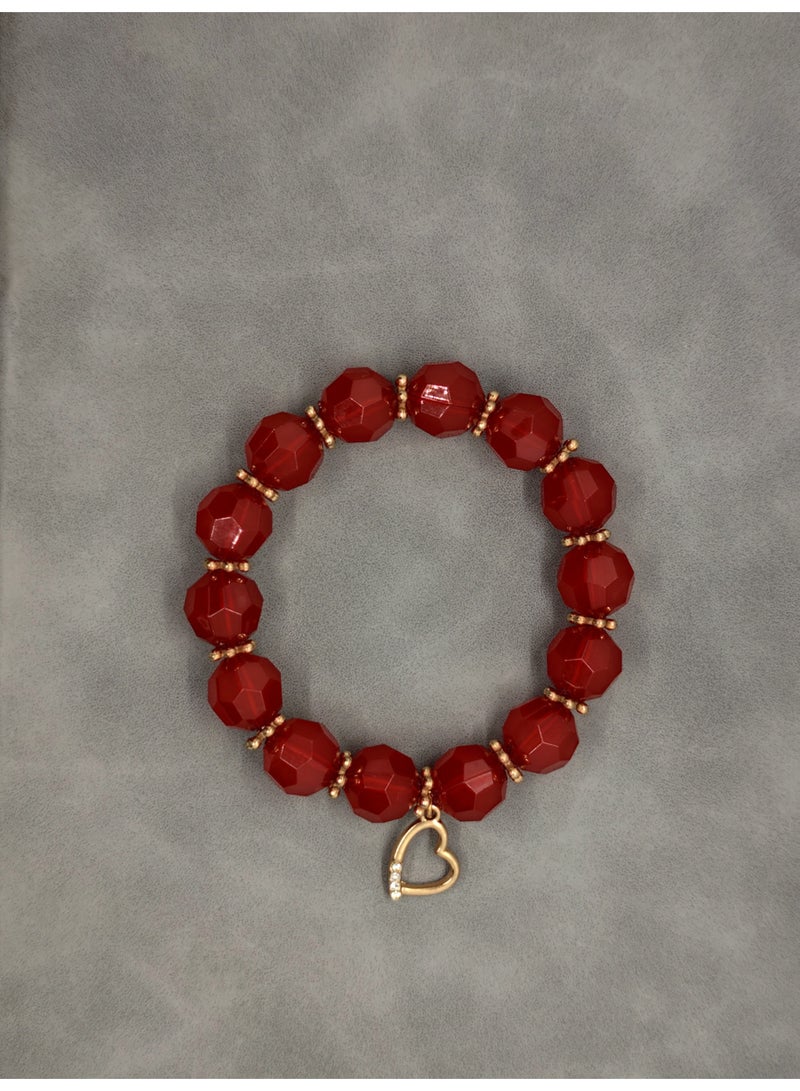 Women's Crystal Bracelet Handmade Beaded Artificial Crystal Girls' Bestie Bracelet (Red Bracelet Gold Heart-shaped Pendant)