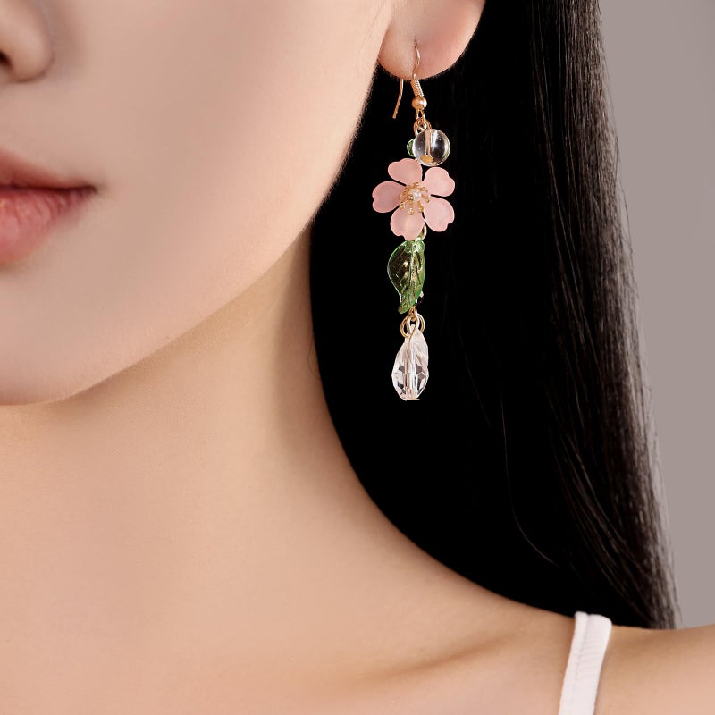 ecozran Pink Flower Dangle Earrings for Women - Cute Pearl Leaf Sakura Earrings, Fairy Statement Jewelry for Summer Holidays & Special Occasions ï¼ˆD-Pink1ï¼‰ - Image 3