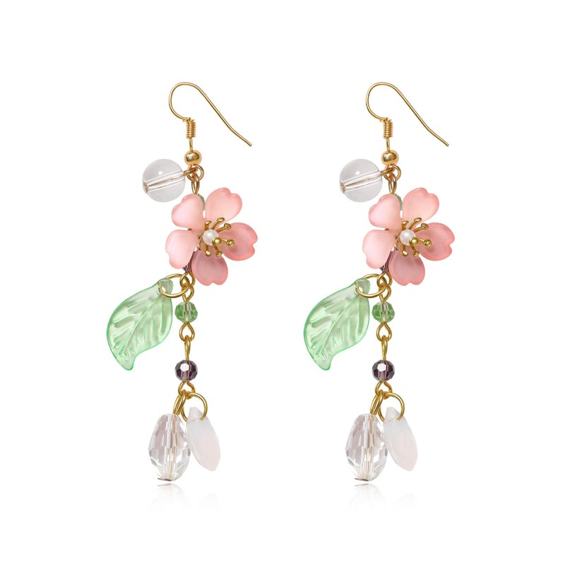ecozran Pink Flower Dangle Earrings for Women - Cute Pearl Leaf Sakura Earrings, Fairy Statement Jewelry for Summer Holidays & Special Occasions ï¼ˆD-Pink1ï¼‰ - Image 1