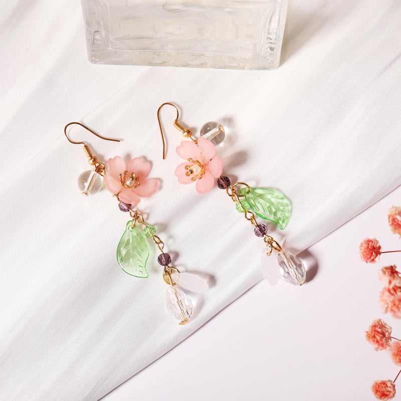 ecozran Pink Flower Dangle Earrings for Women - Cute Pearl Leaf Sakura Earrings, Fairy Statement Jewelry for Summer Holidays & Special Occasions ï¼ˆD-Pink1ï¼‰ - Image 5