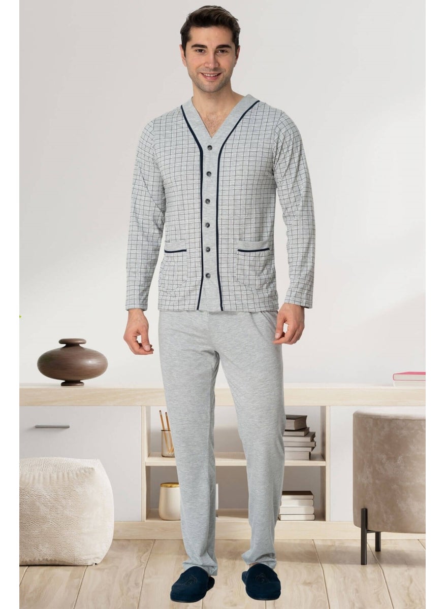 Mecit Pijama - Mecit 22767 Gray Front Buttoned Large Size Men's Pajama Set - Image 1