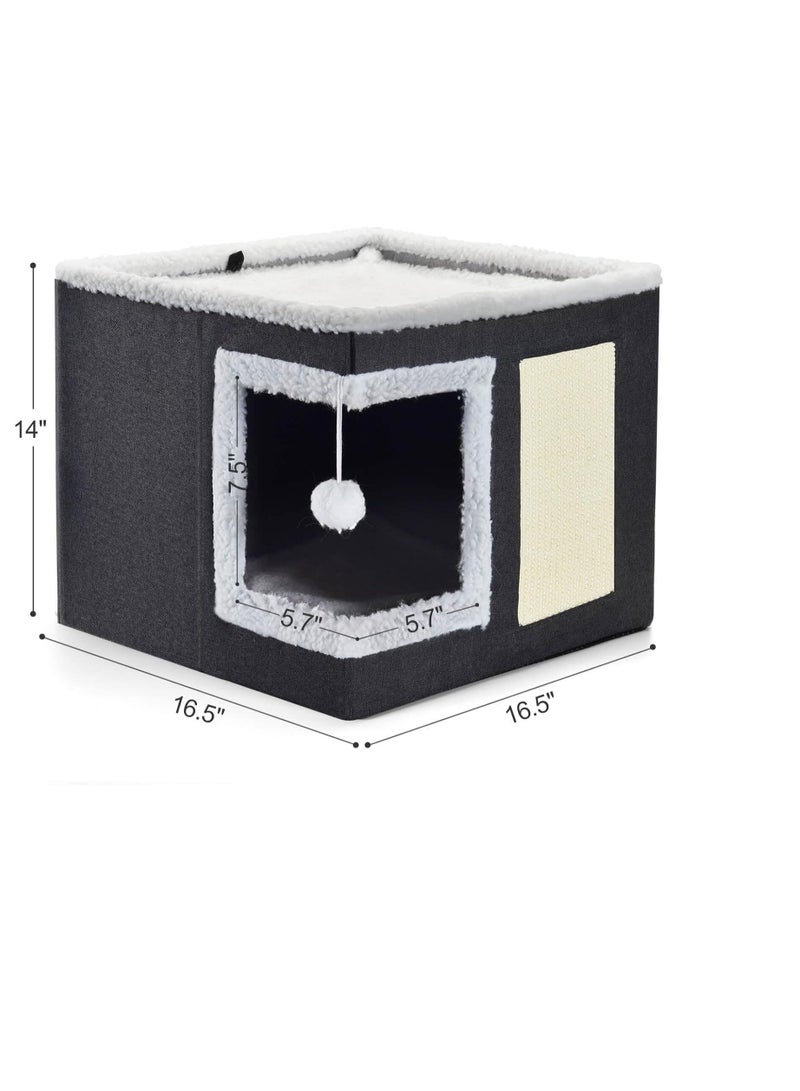 Cat Bed for Indoor Cats, Large Covered Cat House with Scratch Pad, Foldable Cat Cave Bed u0026 Hideaway Cube with Reversible Cushions, Cute Cat Condo for Multi Small Pet Kitten (Dark Grey) - Image 5