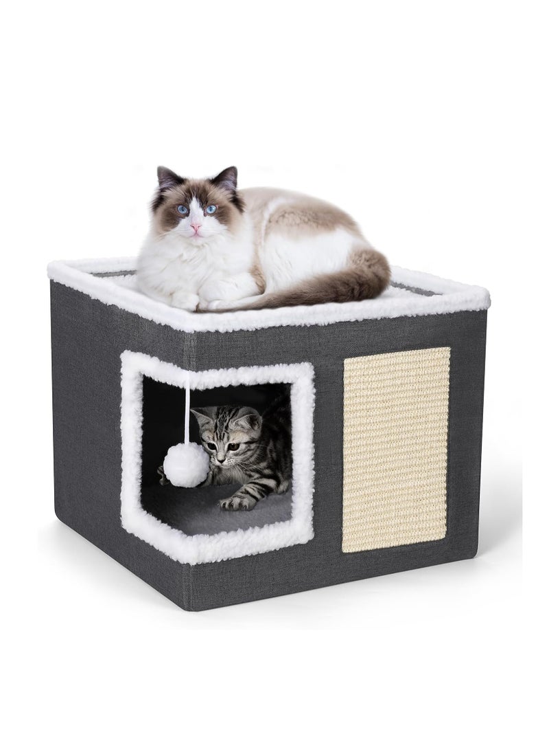 Cat Bed for Indoor Cats, Large Covered Cat House with Scratch Pad, Foldable Cat Cave Bed u0026 Hideaway Cube with Reversible Cushions, Cute Cat Condo for Multi Small Pet Kitten (Dark Grey) - Image 1