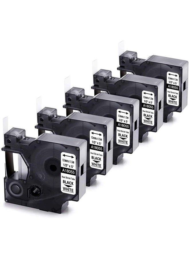 Wonfoucs Compatible with Dymo Rhino Heat Shrink Tube Labels 18055 A18055 | 1/2" 12mm x 5.5m | Black on White | Compatible with DYMO Rhino 4200 5200 6000 Industrial Label Makers | 5-Pack - Image 1
