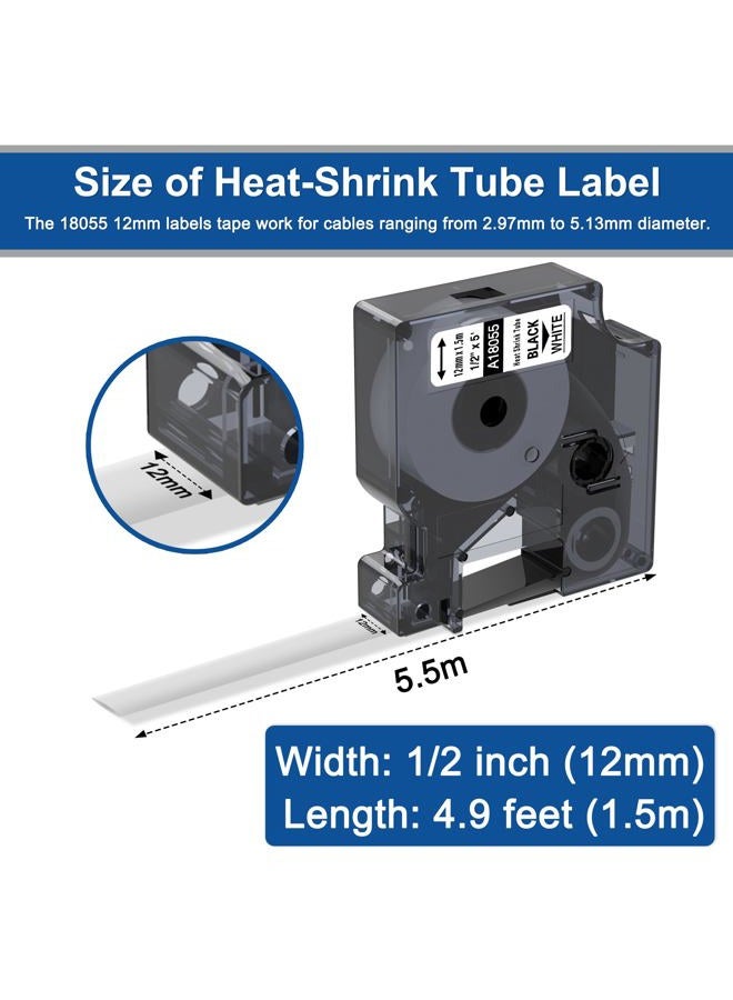 Wonfoucs Compatible with Dymo Rhino Heat Shrink Tube Labels 18055 A18055 | 1/2" 12mm x 5.5m | Black on White | Compatible with DYMO Rhino 4200 5200 6000 Industrial Label Makers | 5-Pack - Image 3
