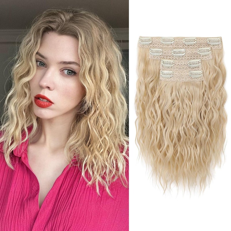 REECHO Clip in Hair Extensions 4PCS Hair Extensions 12 Short Curly Wavy Blonde hair extensions Invisible Lace Weft Natural Soft Hairpieces for Women  Light Blonde