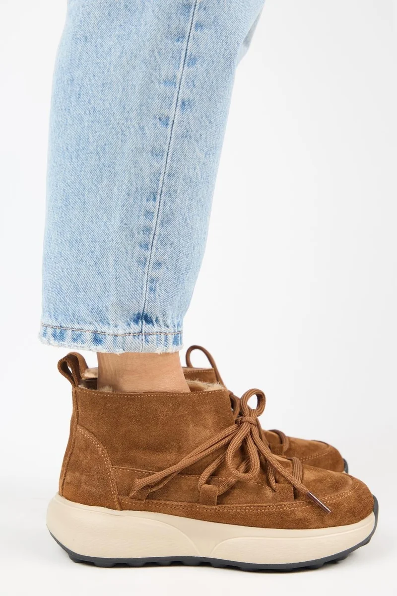 Manijero Manijero (Palmira) Women's Genuine Leather Fur-Lined Lace-Up Mini Tan Boots