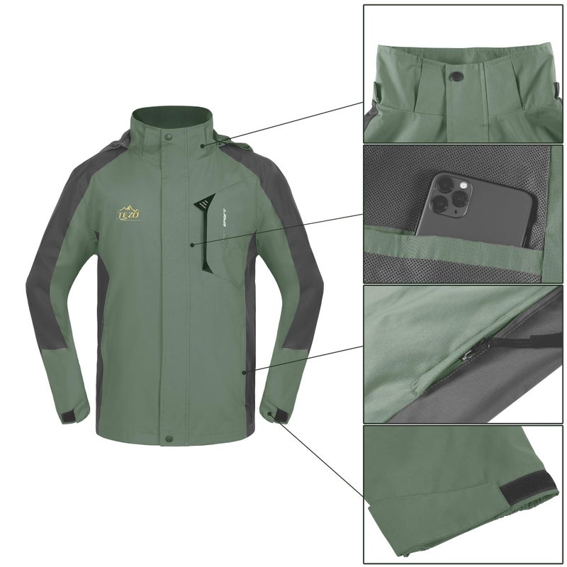TEZO Mens Rain Jacket Waterproof with Hooded Hiking Coat Lightweight Windbreaker(AG/GY L) - Image 5
