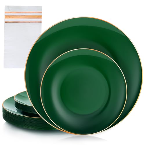 Boocikey 40 PCS Green Plastic Plates Green Disposable Plates With Gold Rim Heavy Duty Plastic Plates include 20 Dinner Plate 20 Dessert Plate 20 Napkins for Party Wedding St patricks day - Image 1
