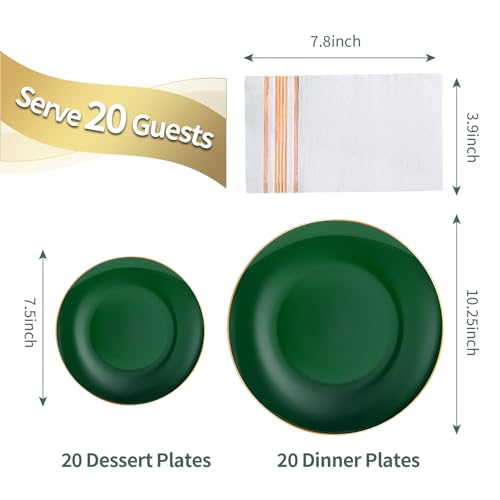 Boocikey 40 PCS Green Plastic Plates Green Disposable Plates With Gold Rim Heavy Duty Plastic Plates include 20 Dinner Plate 20 Dessert Plate 20 Napkins for Party Wedding St patricks day - Image 3