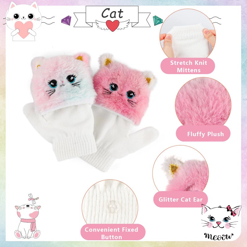 Hifot Girls Hat and Gloves Set, Winter Hats and Gloves for Kids, Fluffy Earflap Cat Beanie with Winter Mitten for Kids - Image 3