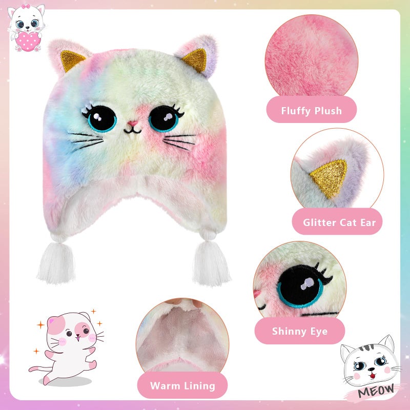 Hifot Girls Hat and Gloves Set, Winter Hats and Gloves for Kids, Fluffy Earflap Cat Beanie with Winter Mitten for Kids - Image 2