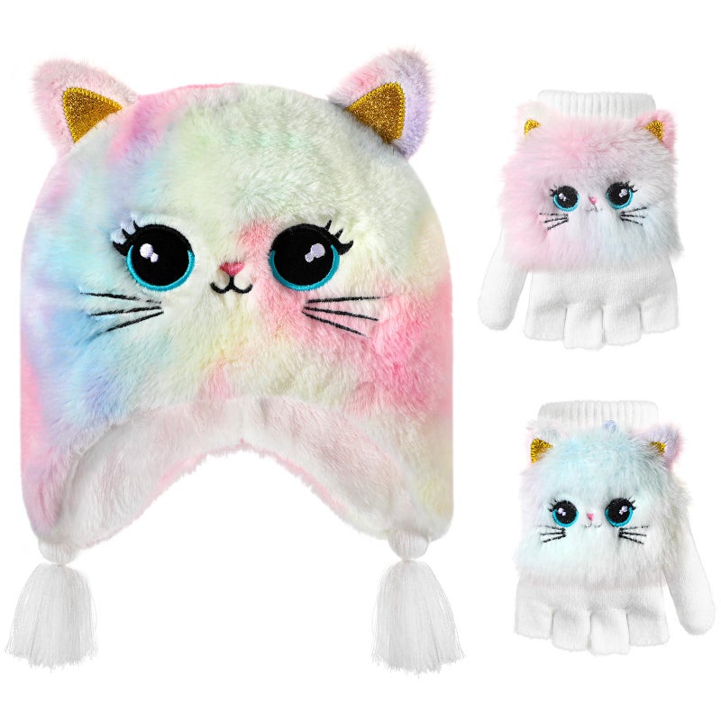 Hifot Girls Hat and Gloves Set, Winter Hats and Gloves for Kids, Fluffy Earflap Cat Beanie with Winter Mitten for Kids - Image 1
