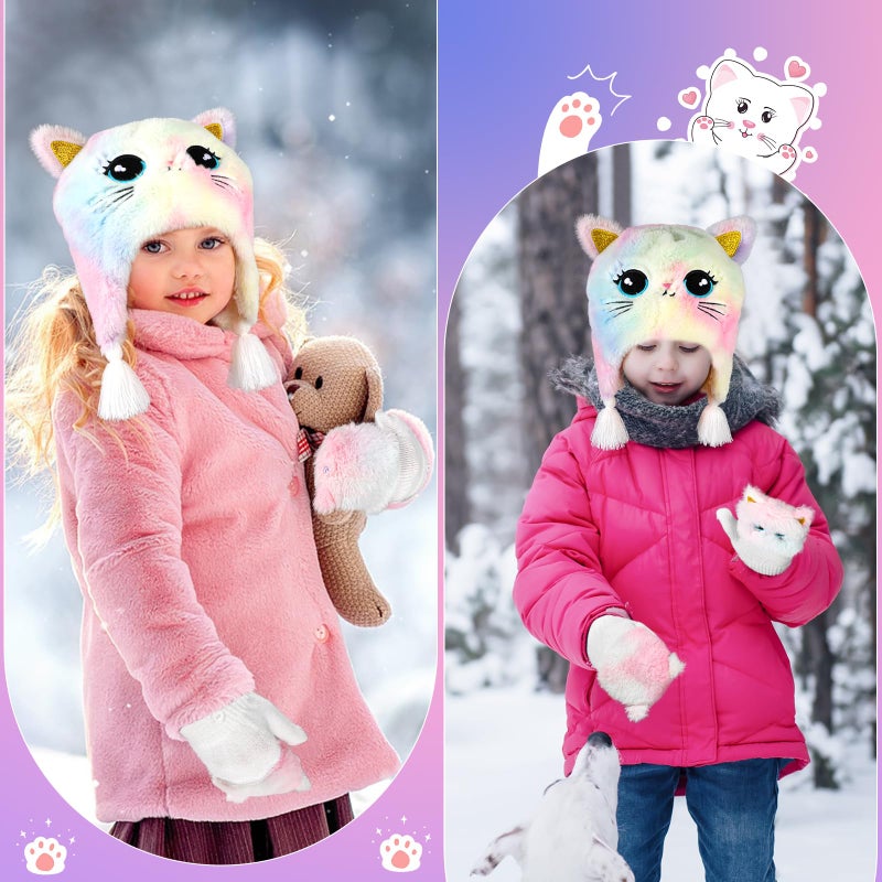 Hifot Girls Hat and Gloves Set, Winter Hats and Gloves for Kids, Fluffy Earflap Cat Beanie with Winter Mitten for Kids - Image 5