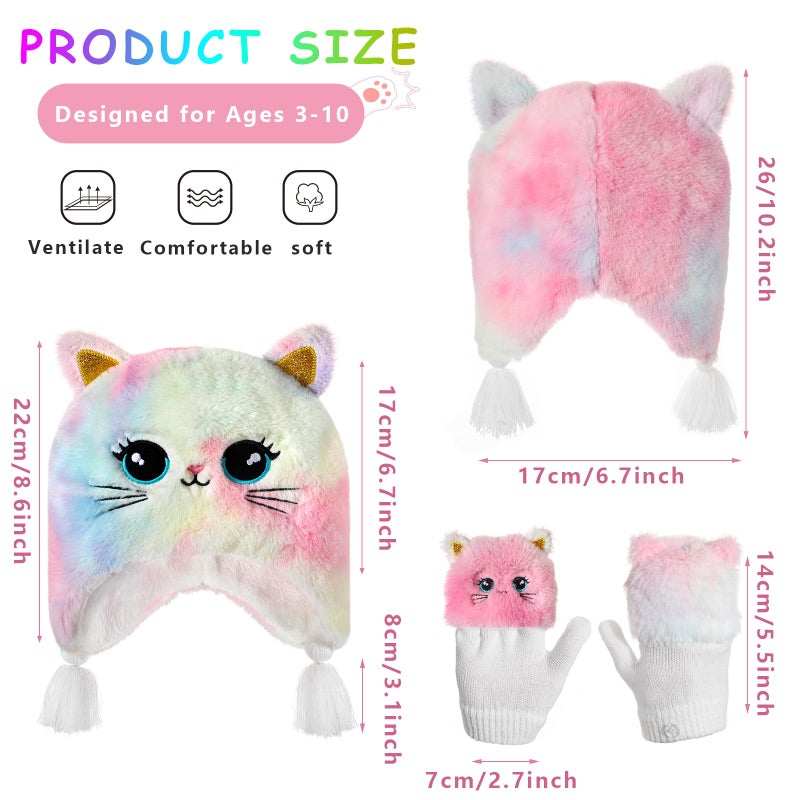 Hifot Girls Hat and Gloves Set, Winter Hats and Gloves for Kids, Fluffy Earflap Cat Beanie with Winter Mitten for Kids - Image 4