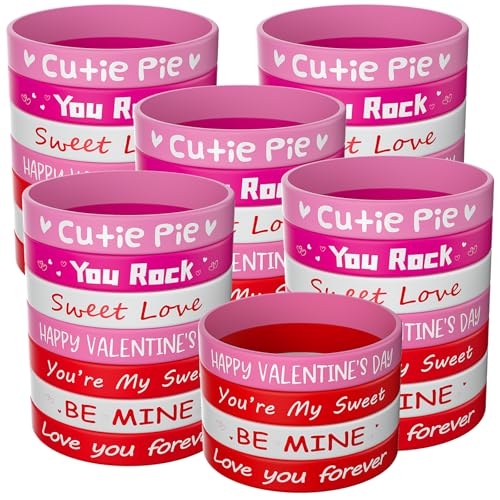 Morcheiong 70 Pcs Valentines Day Silicone Bracelets Pink Red Party Favors Classic Rubber Wristbands for Kids Adults Valentines Day Party Decorations - Image 1