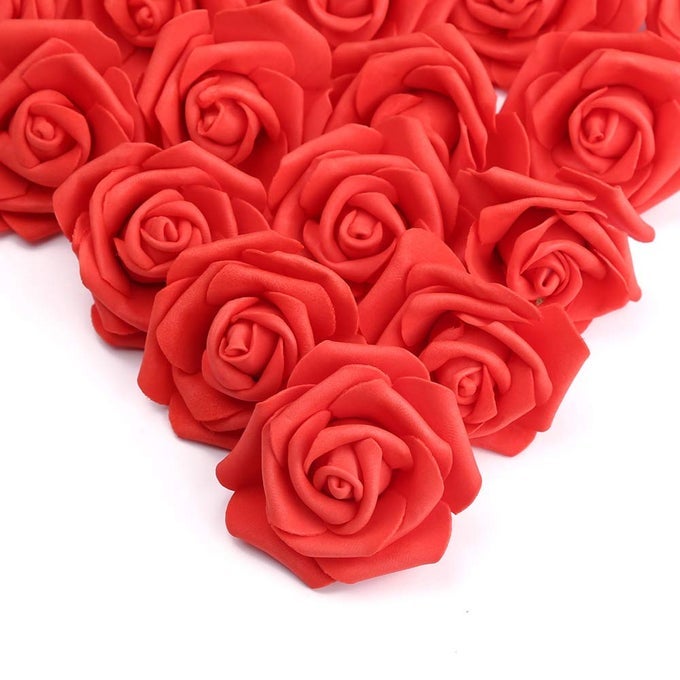 100 Pcs Artificial Flowers Roses Flower Heads Coral Red Foam Fake Roses for DIY Craft Wedding Centerpieces Arrangements Party Baby Shower Cake Decor Home Decorations Red Stemless