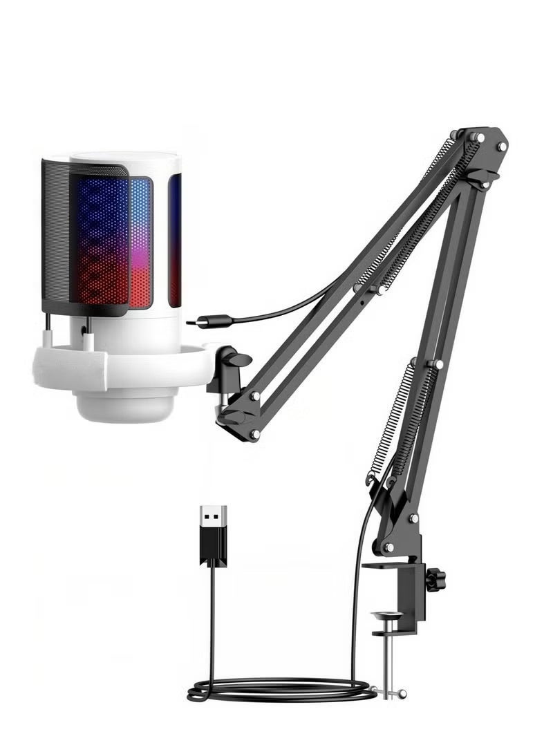 urbbking RGB Gaming Microphone | Adjustable Boom Arm | USB/Type-C Condenser Microphone | Pop Filter & Mute Button | PS4/5/PC/Mobile | 2.5m Cable & Active Noise Cancellation, White Z988E058443FB5A1EA371Z