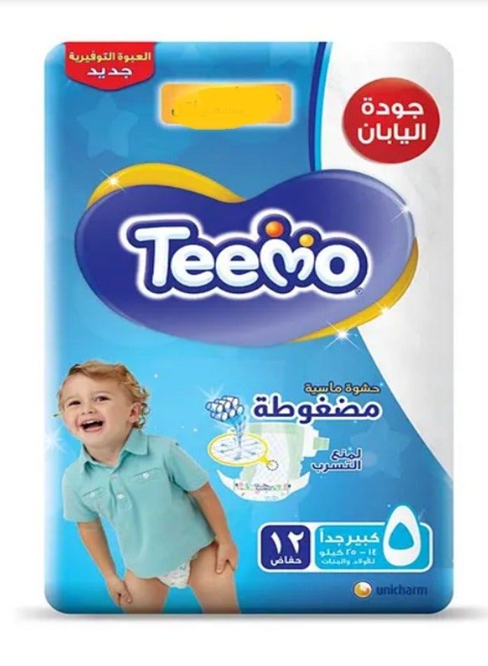 Teemo Baby Diapers, Size 5 Junior, 14-25 Kg, Saving Pack, 12 Diapers