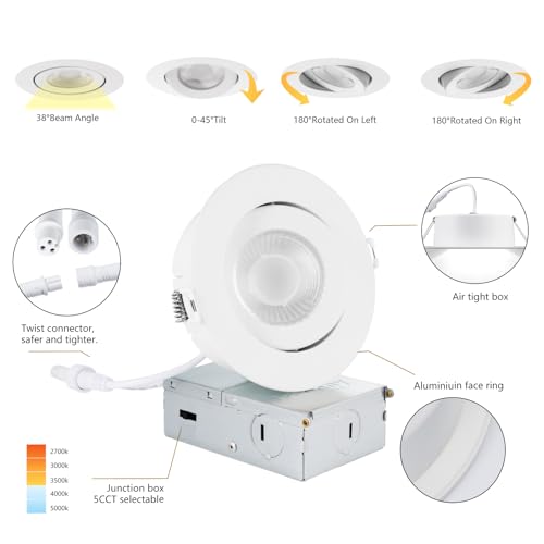 KnLnny Ware Gimbal Recessed Lighting 4 Inch 6 Pack, LED Recessed Light Dimmable with Junction Box,Adjustable Recessed Lighting, Air Tight,ETL Listed,9W 750LM,5 CCT Selectable - Image 3