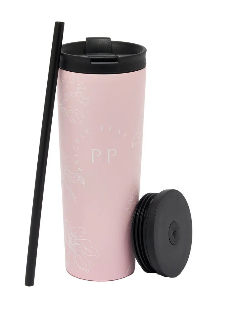 Prickly Pear Travel 2 In 1 Double Walled Insulated Stainless-Steel Tumbler With Secure Sealed Lid Keeping Drinks Hot Or Cold Leak Resistant 24Oz Floral Pink.  - Image 1