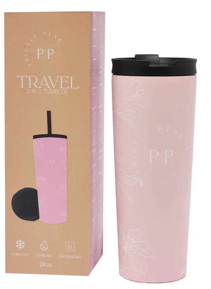 Prickly Pear Travel 2 In 1 Double Walled Insulated Stainless-Steel Tumbler With Secure Sealed Lid Keeping Drinks Hot Or Cold Leak Resistant 24Oz Floral Pink.  - Image 2