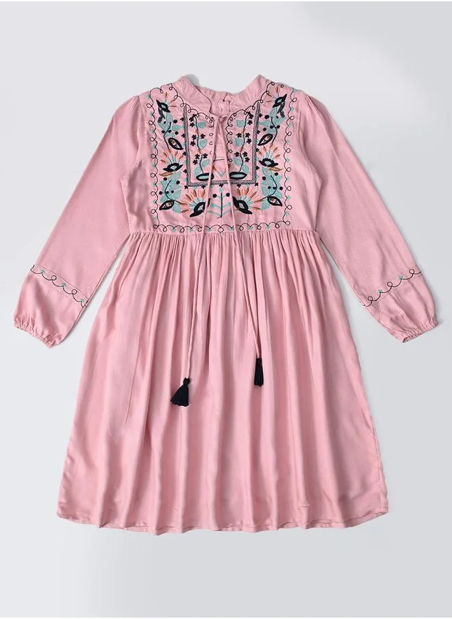 BELLA MODA Bella Moda Embroidered Tie-Up Neck Knee-Length Dress