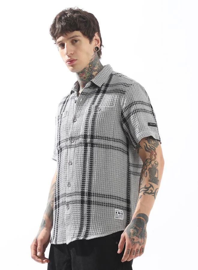 Hubberholme Men's Grey Cotton Blend Checkered Button Down Relaxed Shirt