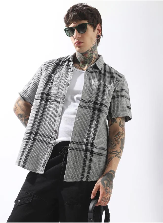 هوبرهولمي Grey Shirts Checkered Button Woven Spread Collar Half Sleeves for Men – Make every day iconic