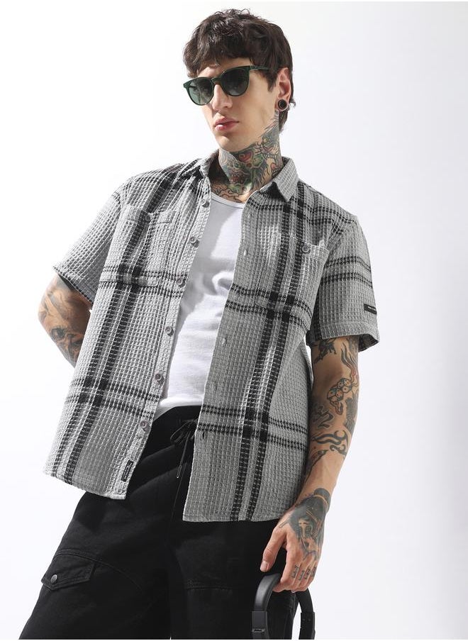 Hubberholme Men Relaxed Fit Textured Checked Casual Shirt  - Image 1