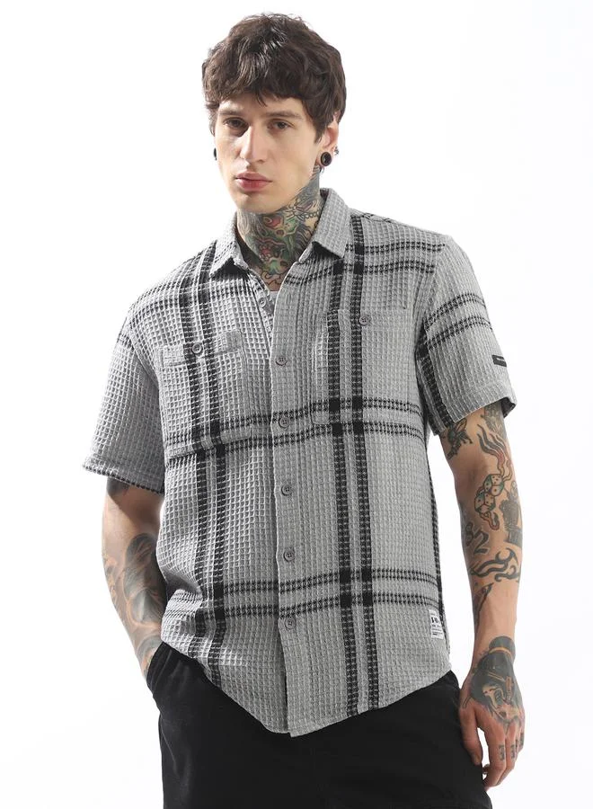 Hubberholme Men's Grey Cotton Blend Checkered Button Down Relaxed Shirt