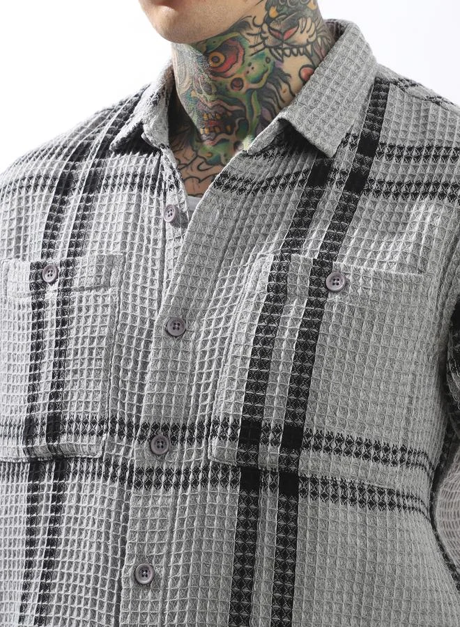 Hubberholme Men's Grey Cotton Blend Checkered Button Down Relaxed Shirt