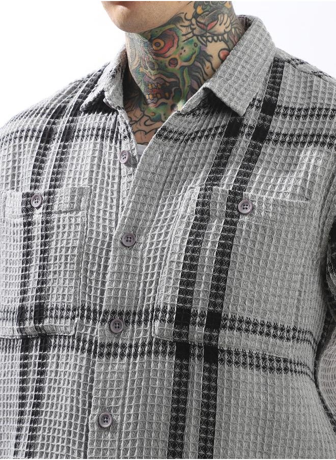 Hubberholme Men Relaxed Fit Textured Checked Casual Shirt  - Image 5
