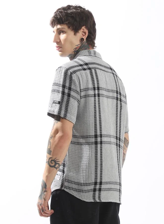 Hubberholme Men's Grey Cotton Blend Checkered Button Down Relaxed Shirt