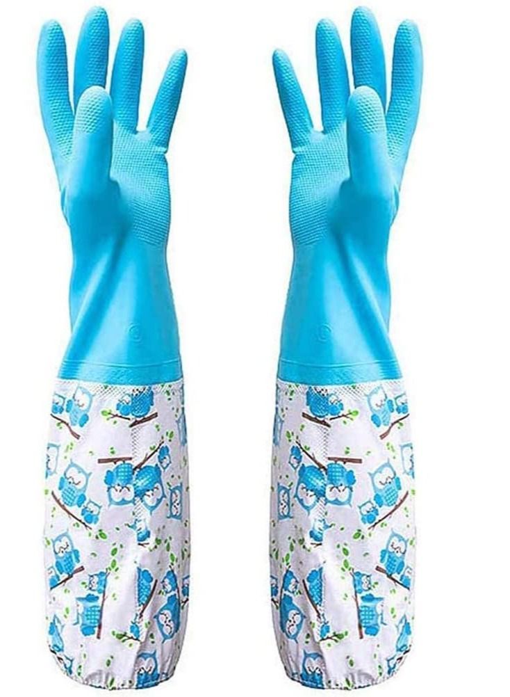 1 Pair of Rubber Gloves for Pond Gutter Drain Cleaning - Long Arm One Size – Blue Pattern Antiskid Sleeve Waterproof - Image 1